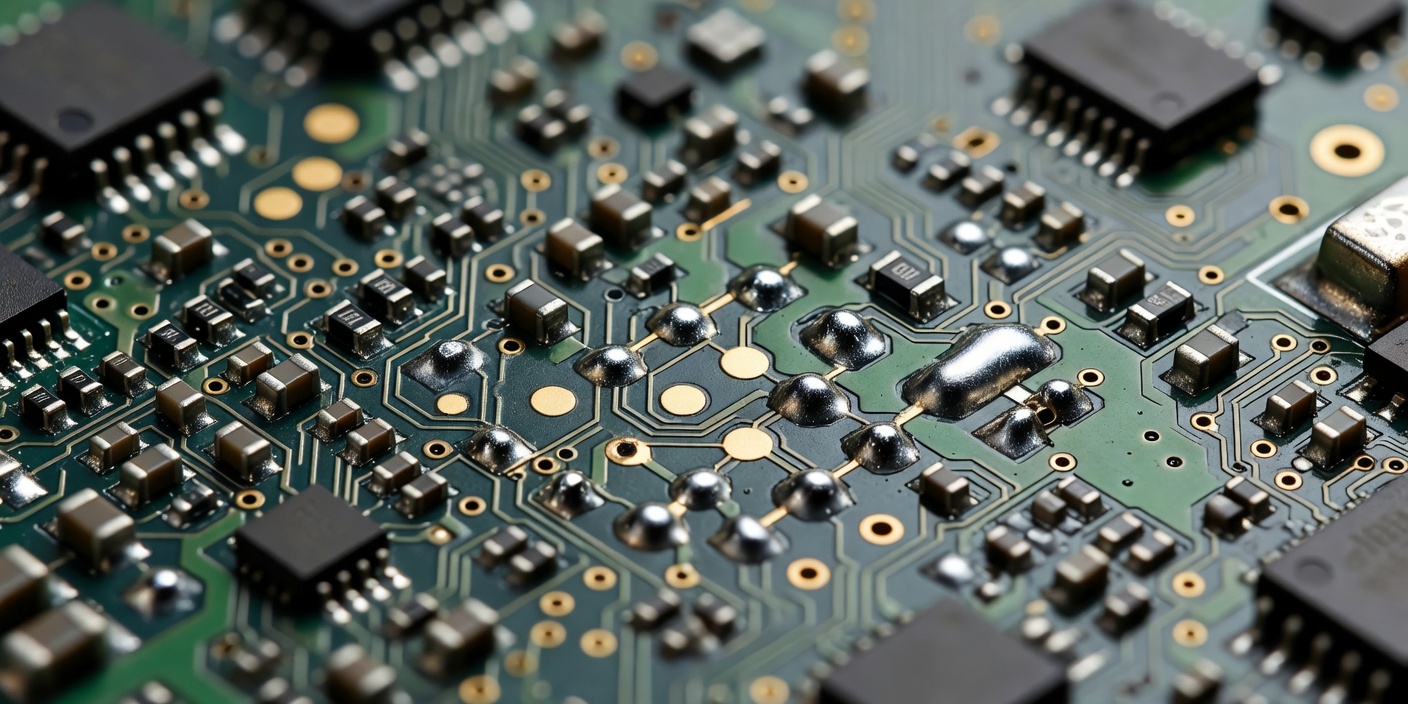 Close detail of electronic test points and precise soldered components on a circuit board
