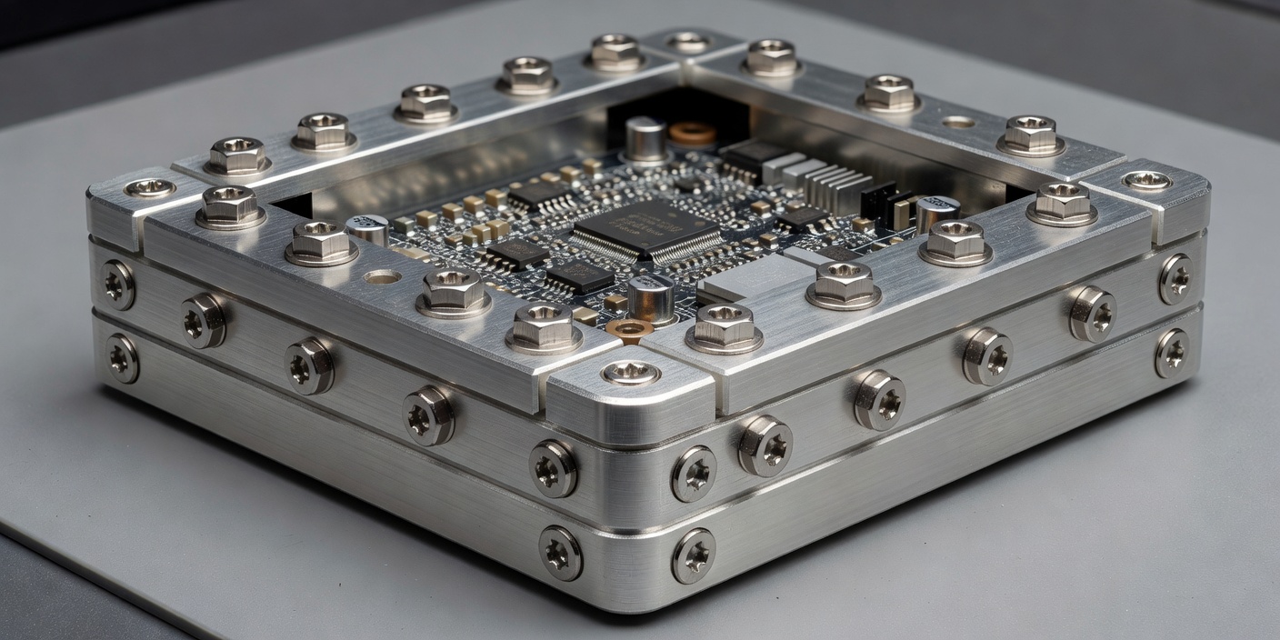 Precision fastener and protective enclosure surrounding electronic hardware