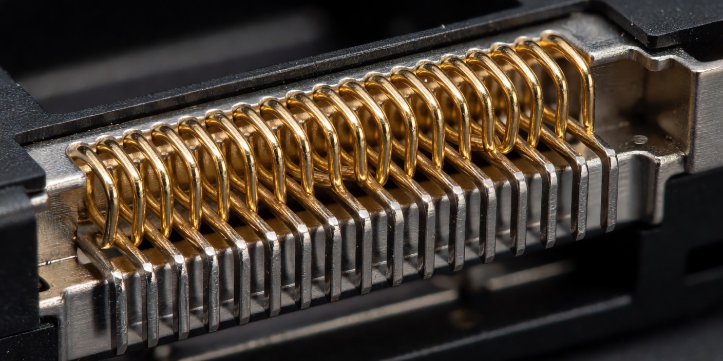 Close detail of network connector contacts and aligned hardware pins