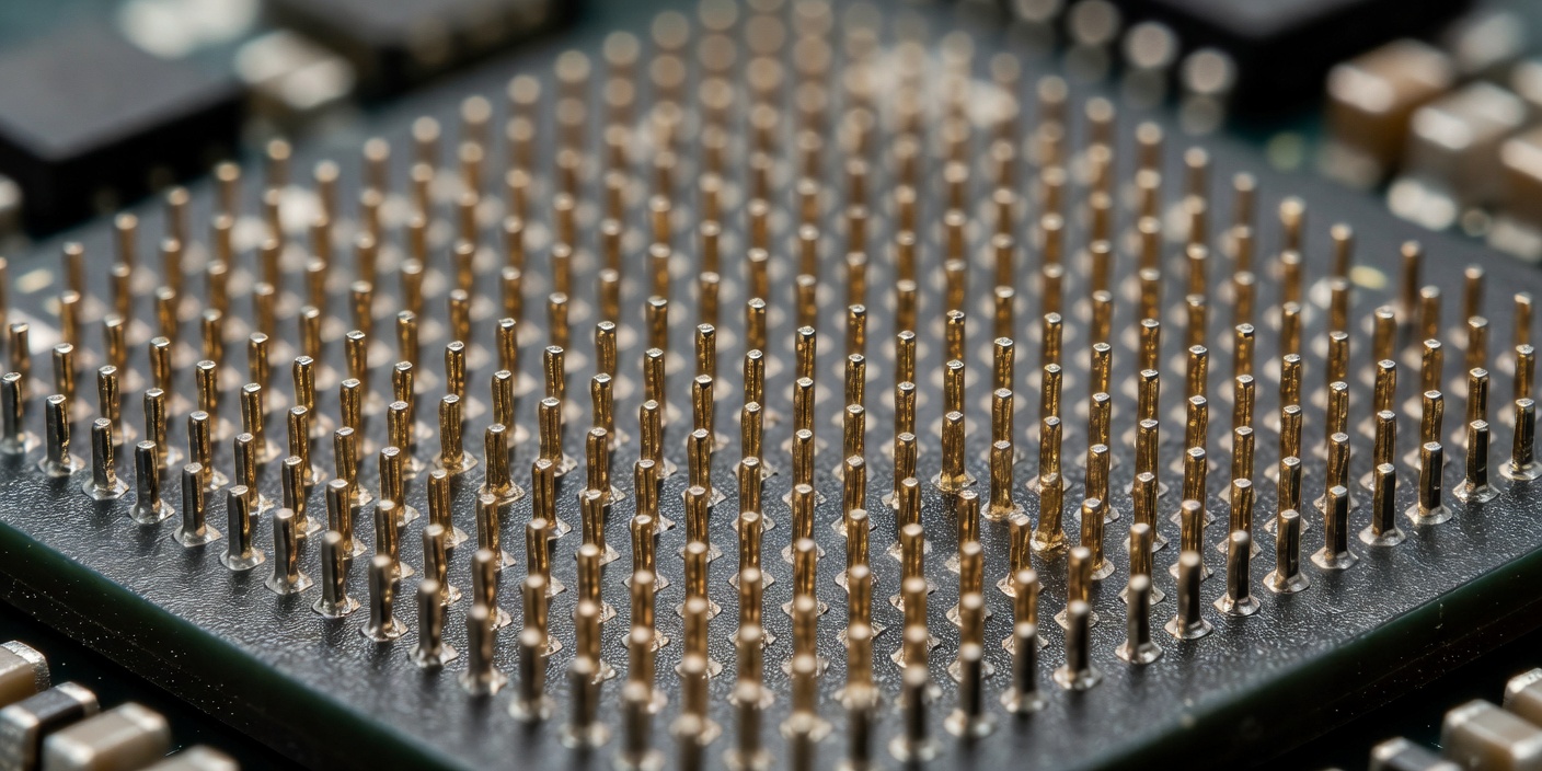 Precision contact array on a processor socket viewed at close range